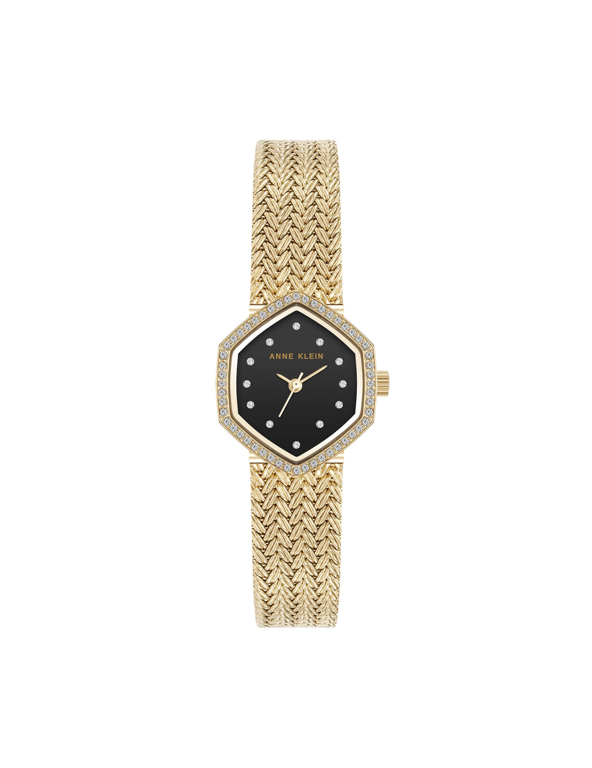 Anne Klein Gold-Tone/Black Crystal Accented Mesh Bracelet Watch