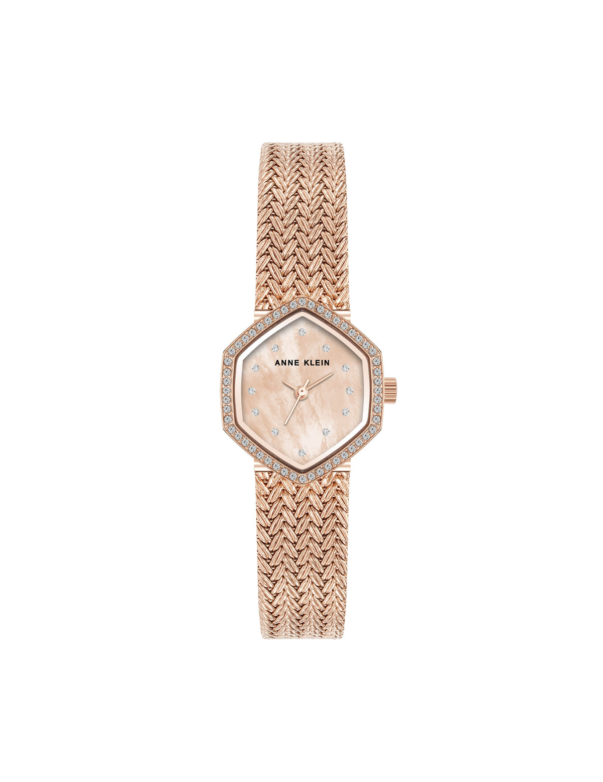 Anne Klein Rose Gold-Tone Crystal Accented Mesh Bracelet Watch