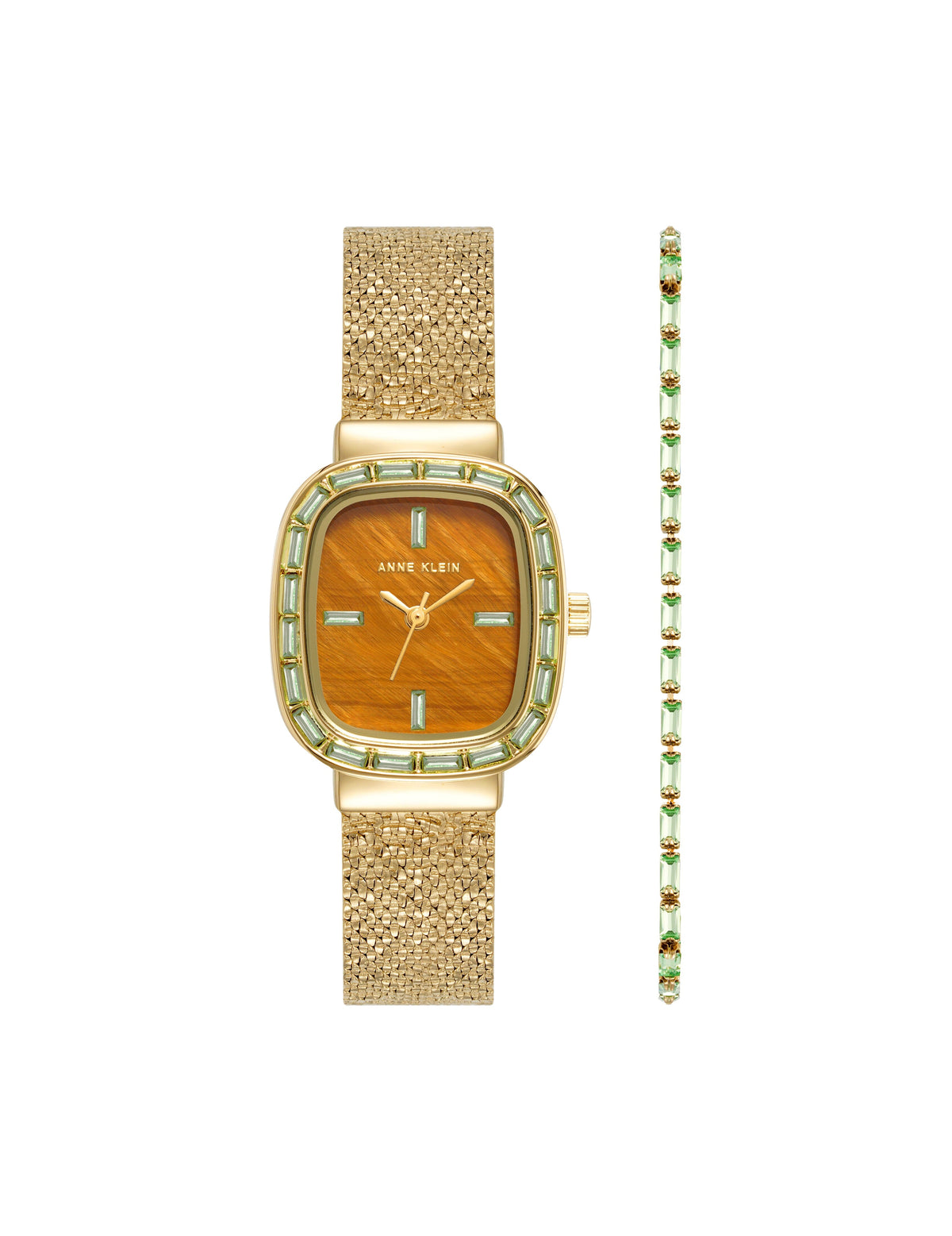 Anne Klein Gold-Tone/Green Genuine Gemstone Watch and Bracelet Set