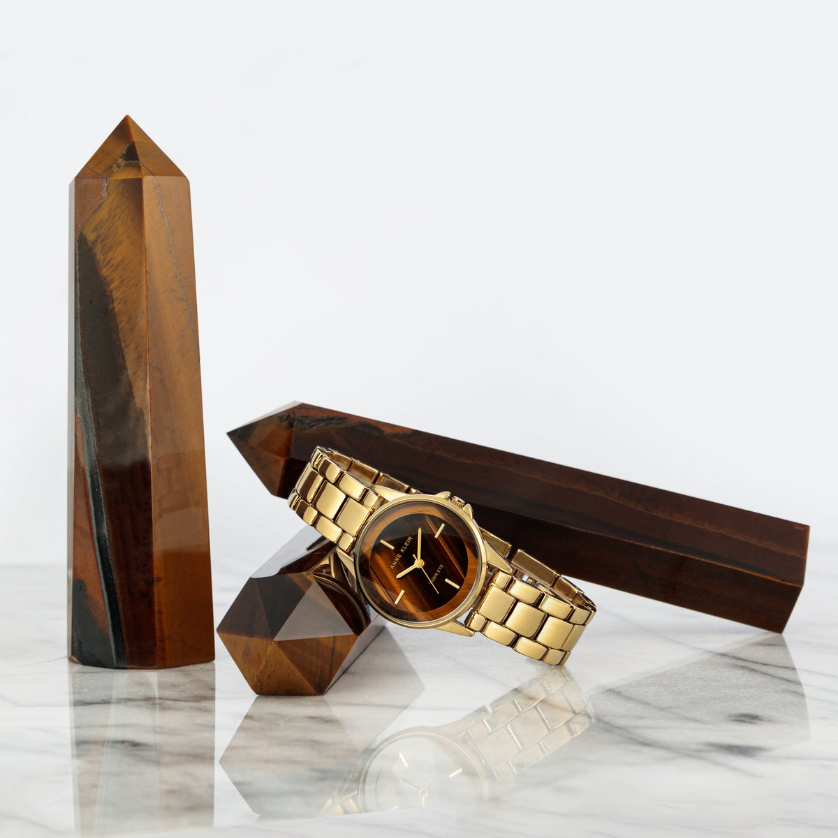 Anne Klein Tiger&#39;s Eye/Gold Gemstone Dial Bracelet Watch
