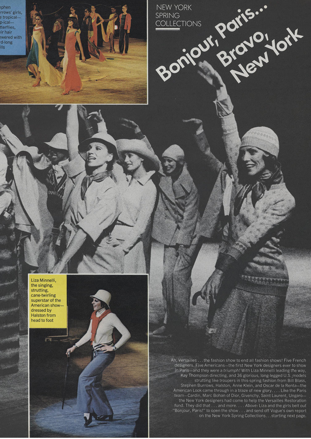 Anne Klein New York Spring Collections editorial featuring vintage fashion show photography from the 1973 Battle of Versailles event