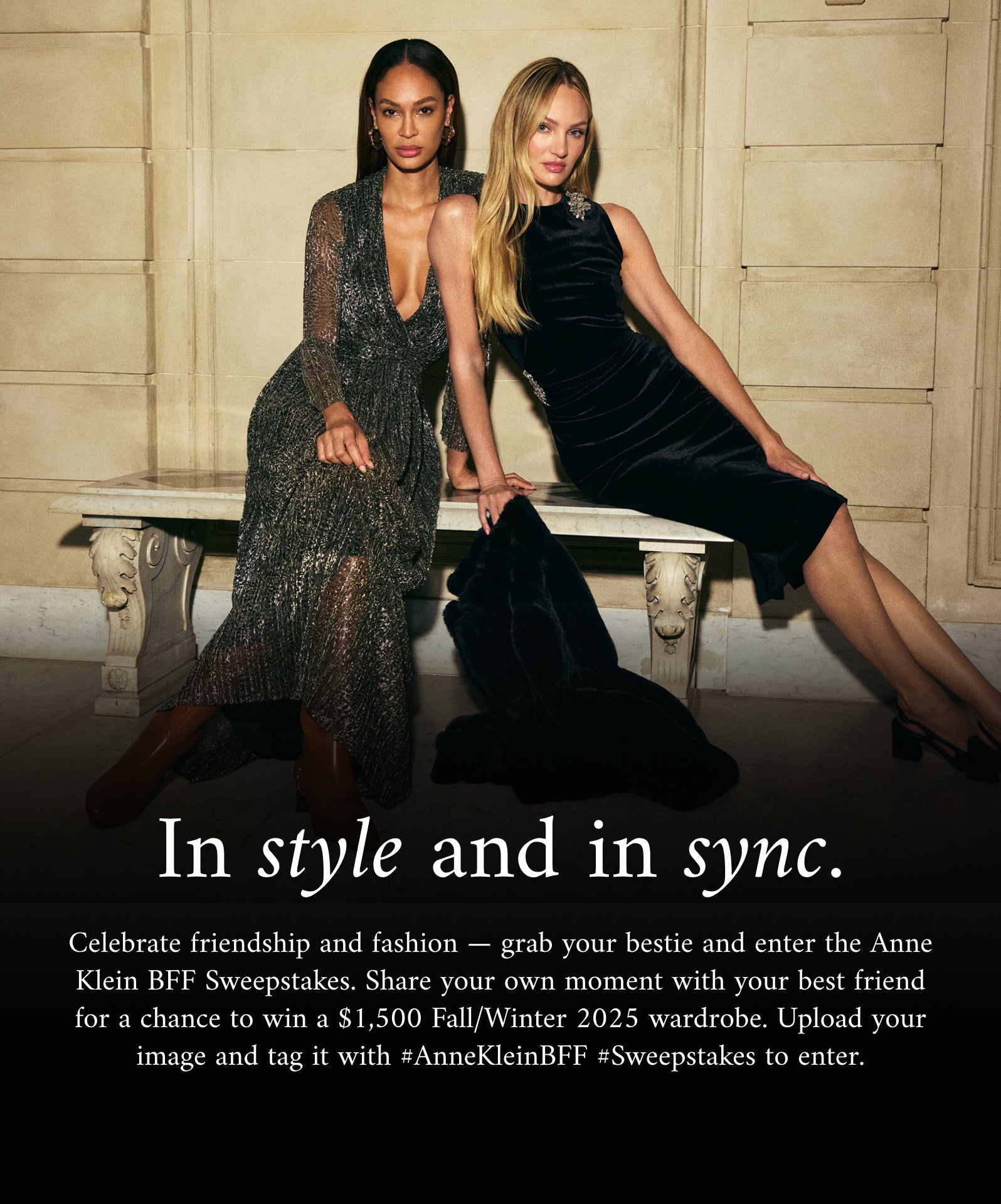 Two women in elegant black dresses sitting on a bench with promotional text for Anne Klein BFF Sweepstakes.