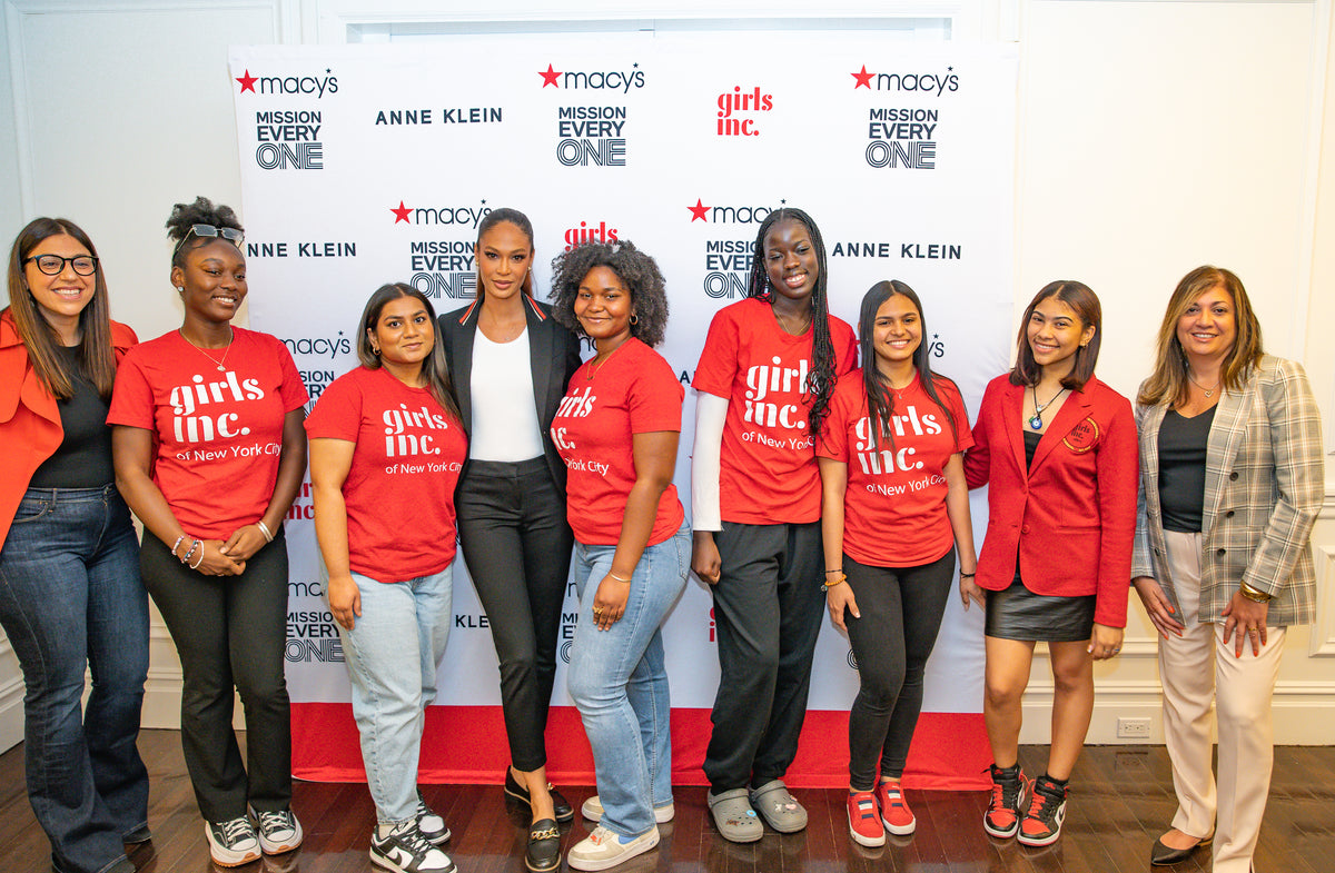 Anne Klein partnership event with Girls Inc. of New York City, group photo on model at red carpet backdrop