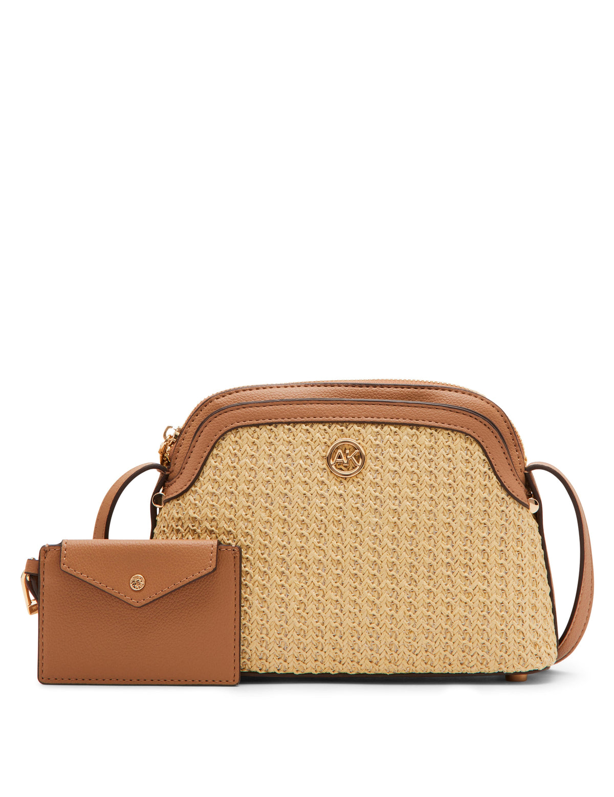 Anne Klein Natural/Sunbaked Texturized Straw Dome Crossbody With Card Case