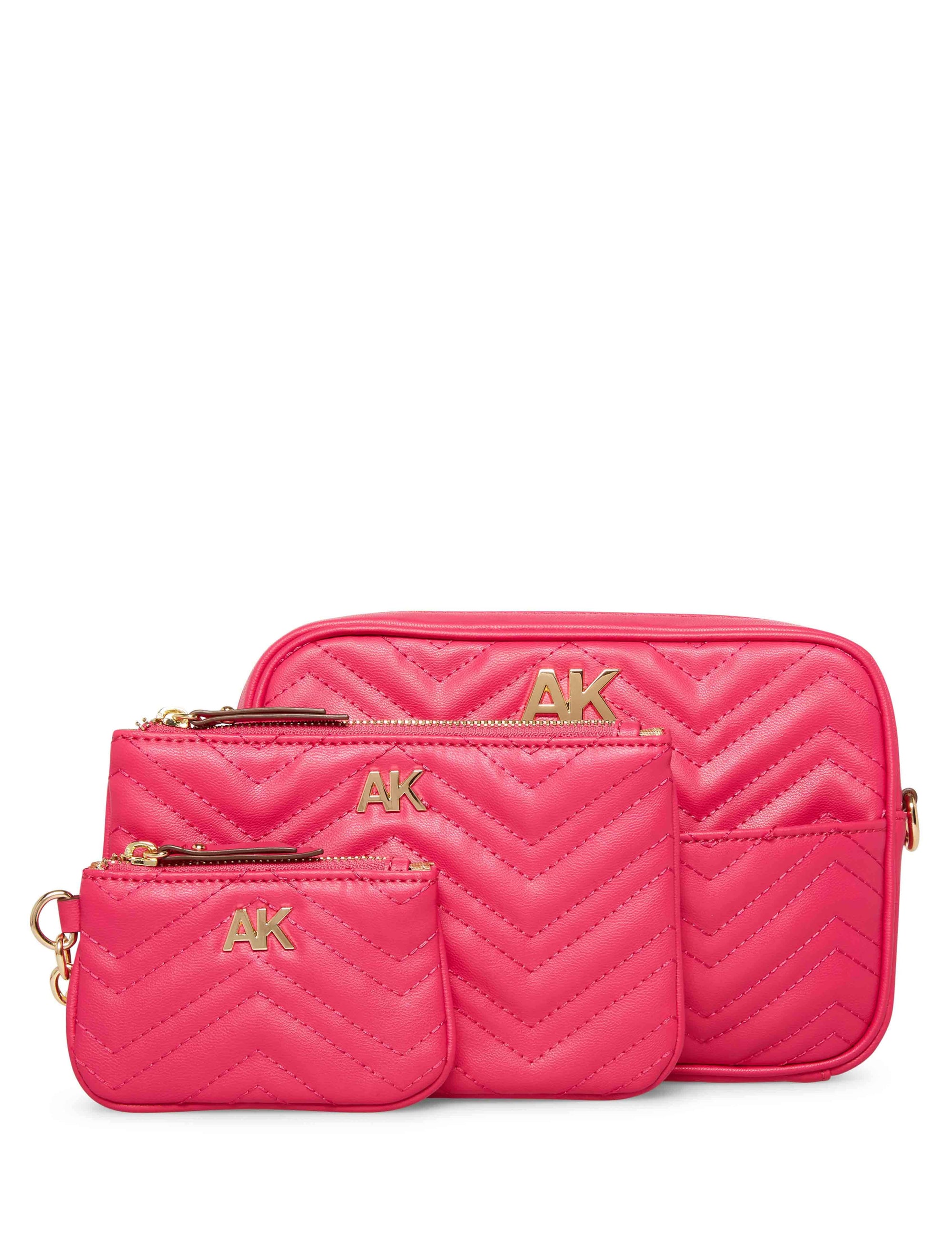 Anne Klein Hibiscus Pink Quilted Camera Crossbody With 2 Detachable Pouches