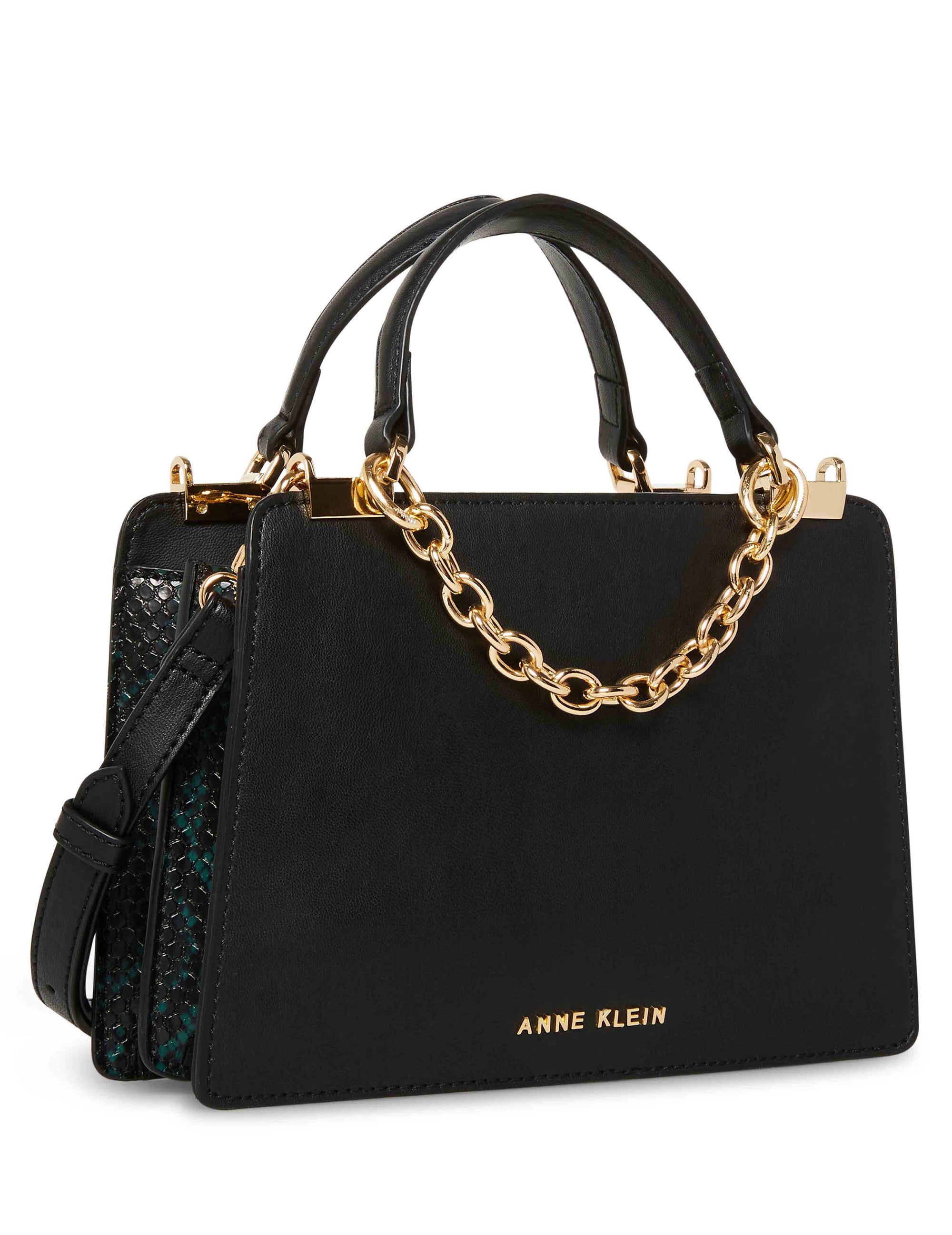 Anne Klein Black/Evergreen Multi Mini Convertible Snake Trimmed Satchel With Swag Chain