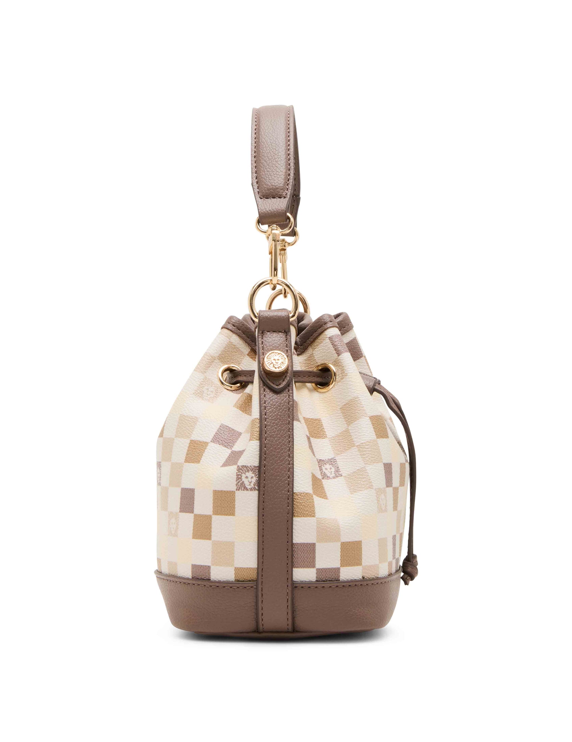 Anne Klein Graphic Tile Lion Logo Small Bucket with Crossbody Strap