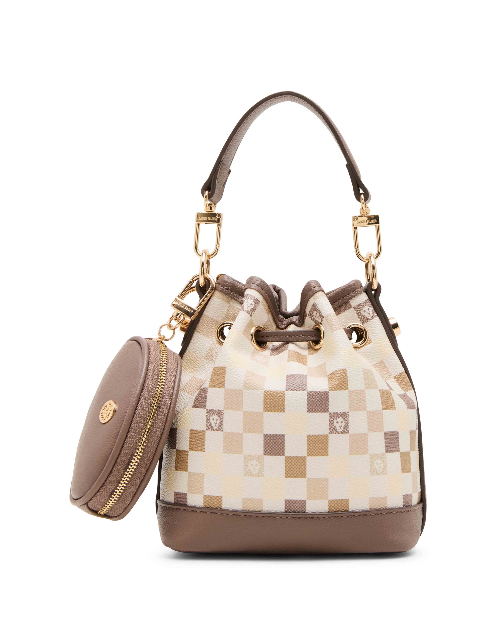 Anne Klein Graphic Tile Lion Logo Small Bucket with Crossbody Strap