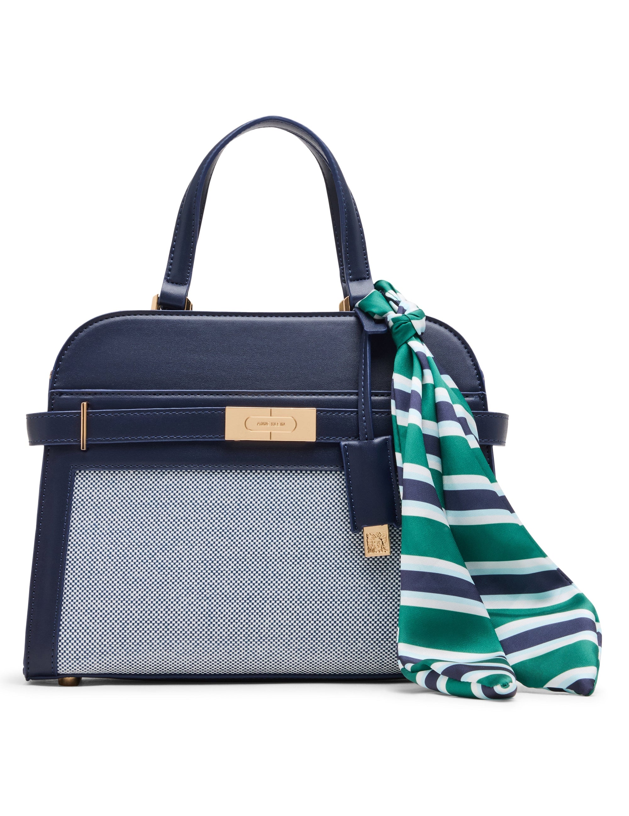 Anne Klein Navy-Cream/Distant Mountain/Green-Aqua Medium Belted Satchel with Convertible Strap