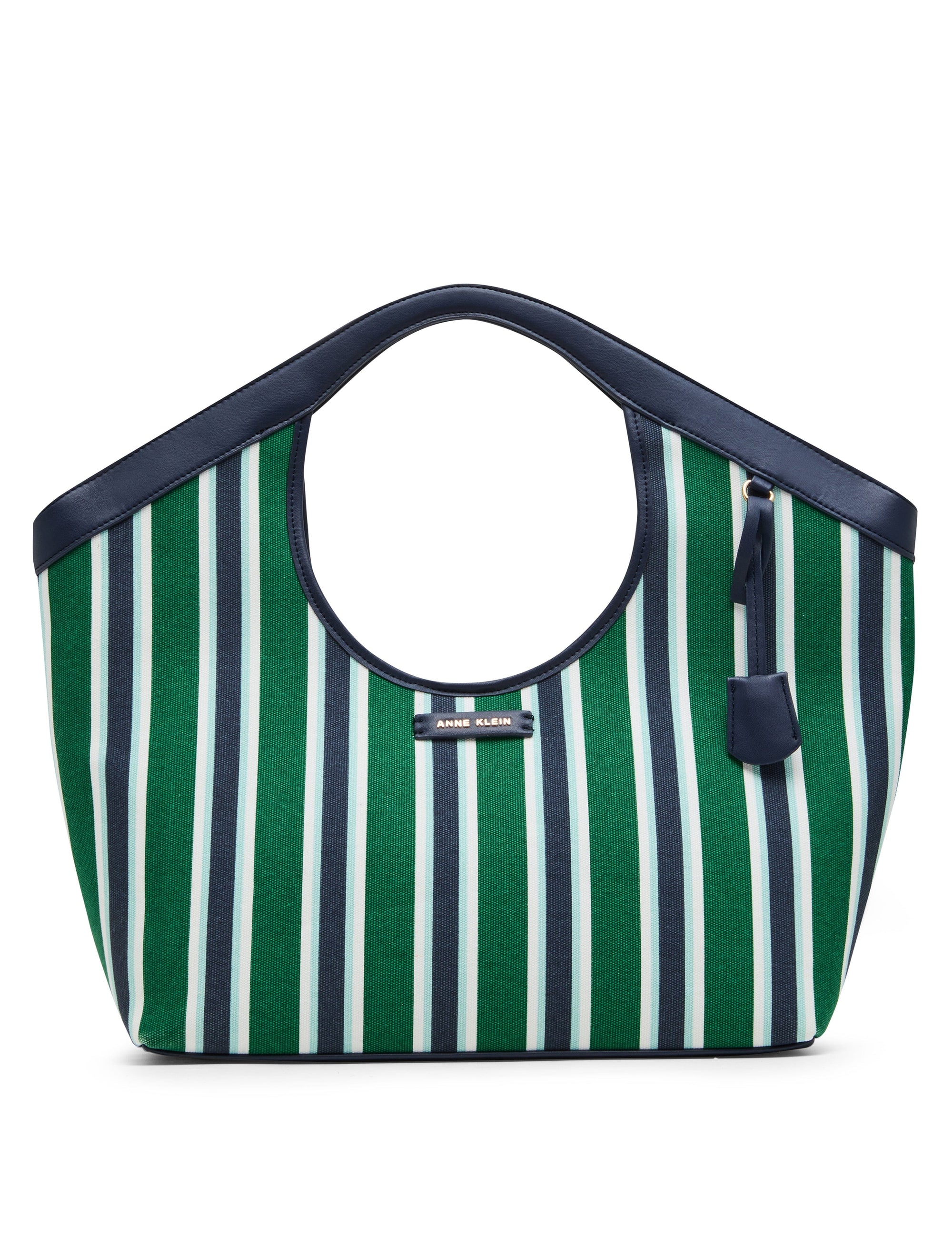 Anne Klein Green-Aqua Graphic Stripe/Distant Mountain Large Printed Tote with Detachable Strap
