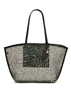 Anne Klein Zebra: Black-Cream/Black Printed Mesh Tote Bag with Pouch