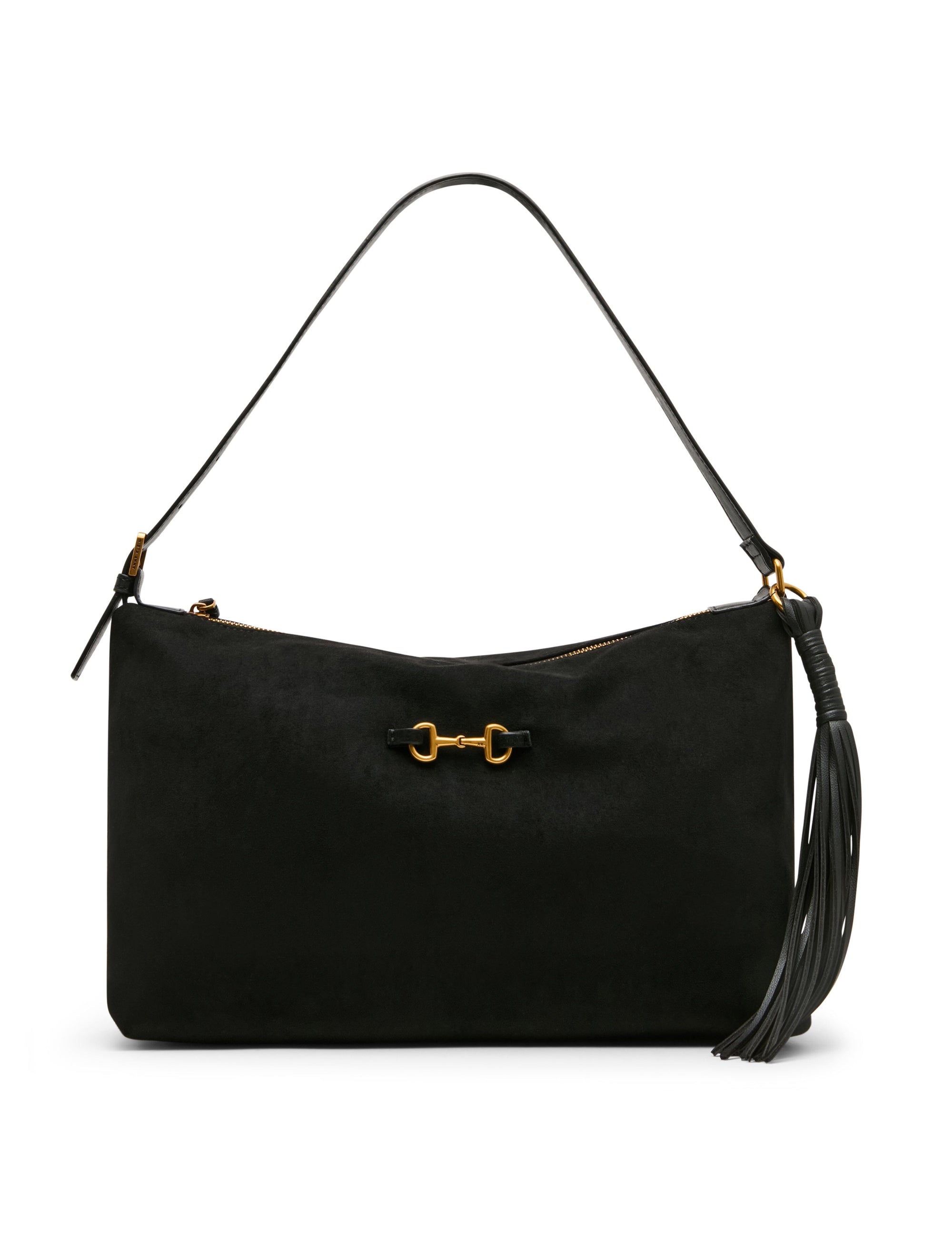 Anne Klein Black/Black Faux Suede Horsebit Tassel Shoulder Bag