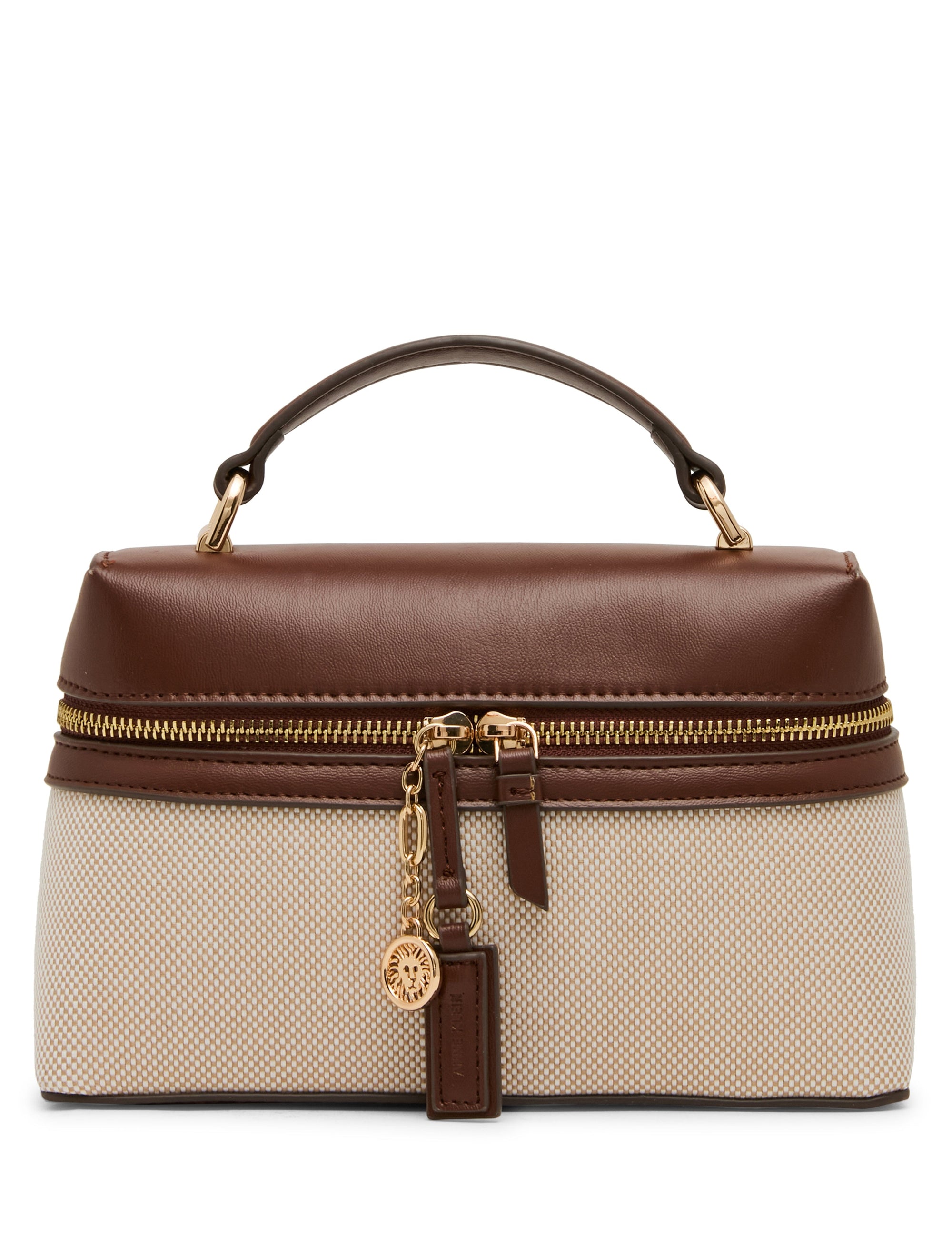 Anne Klein Tan-Cream/Walnut Canvas Train Case with Convertible Strap