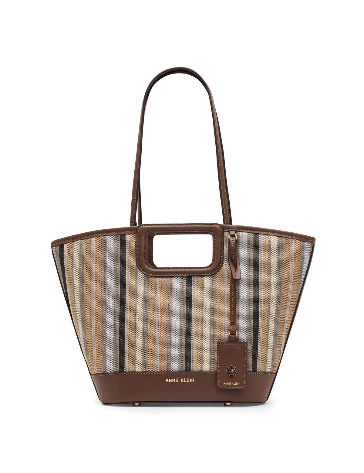Anne Klein Neutral/Sepia Stripe Cut Out Handle Tote