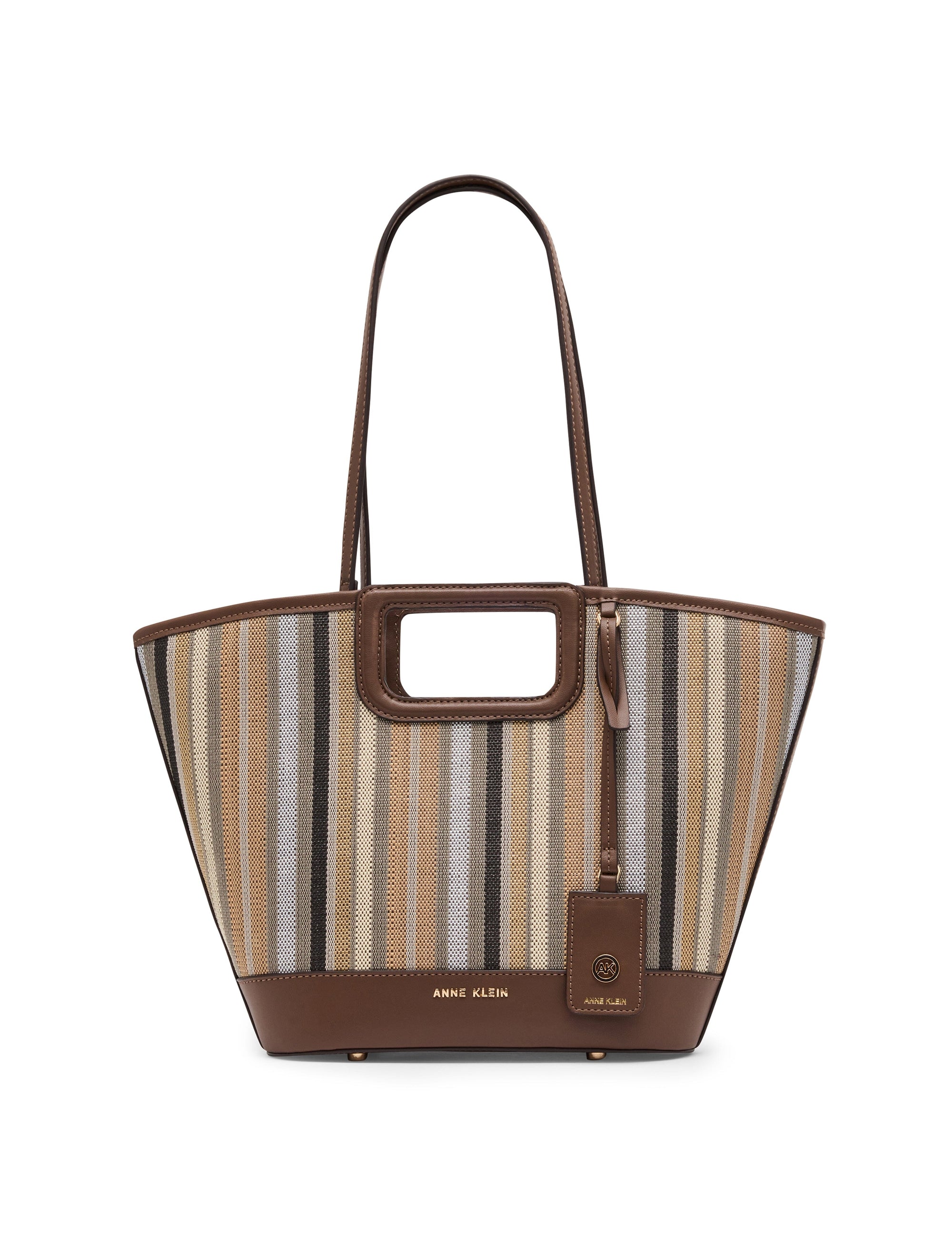 Anne Klein Neutral/Sepia Stripe Cut Out Handle Tote