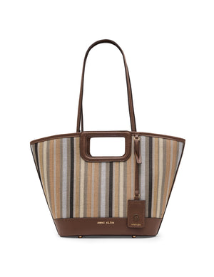 Anne Klein Neutral/Sepia Stripe Cut Out Handle Tote