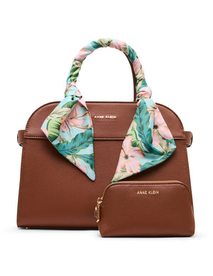 Anne Klein Hazelnut/Hibiscus-Pink Multi Rounded Satchel with Convertible Strap