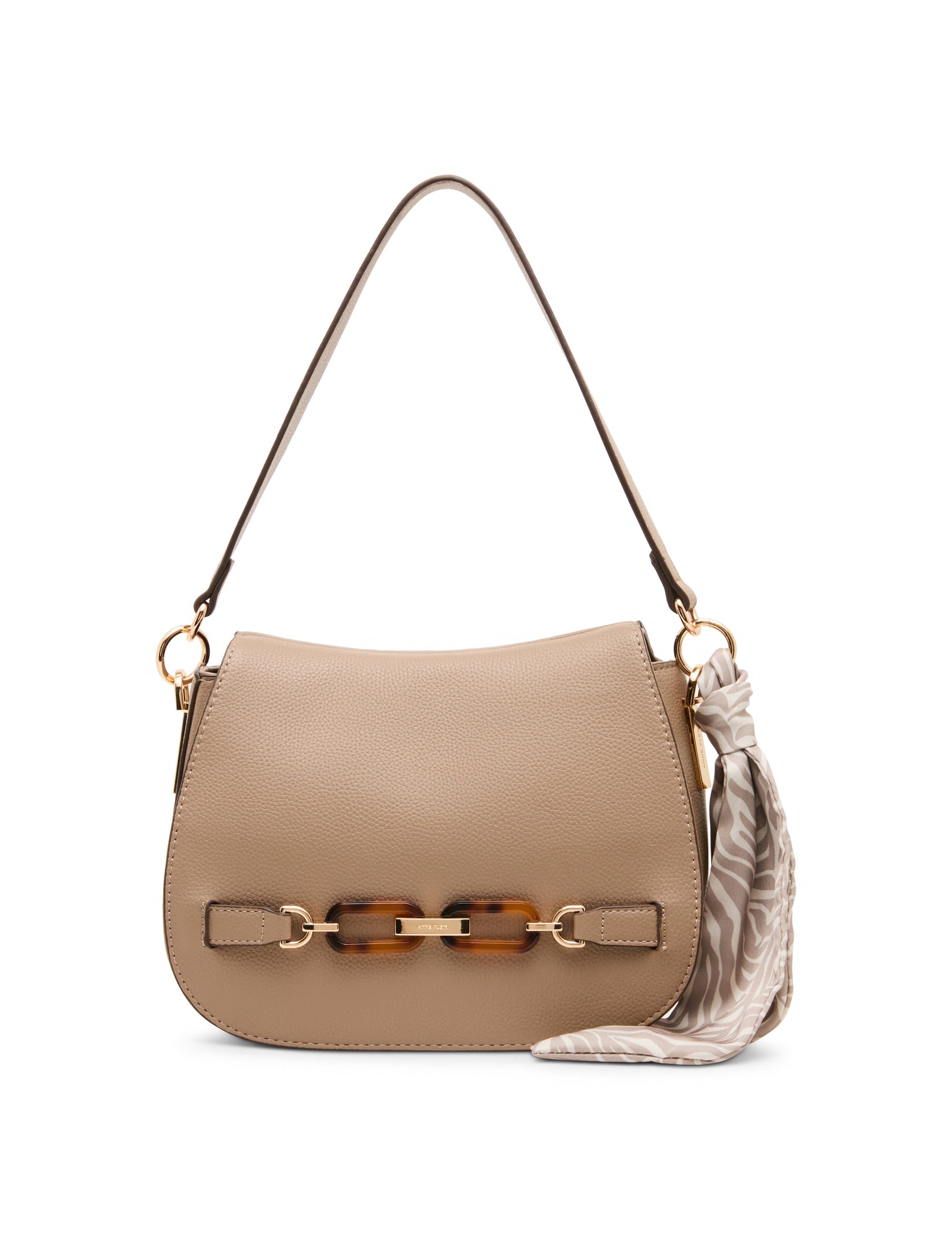 Anne Klein Truffle/Pearl White-Sesame Flap Shoulder Bag with Scarf Detail