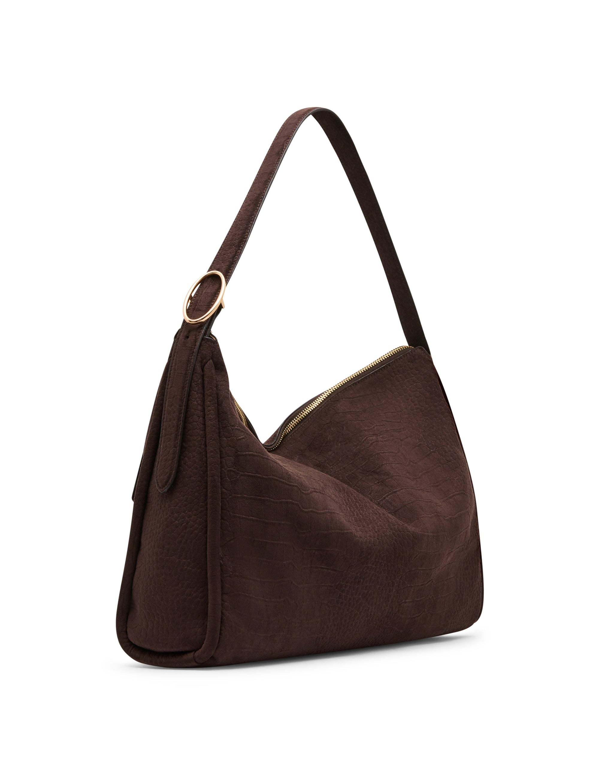 Faux Suede Crocodile Embossed Slouch Bag
