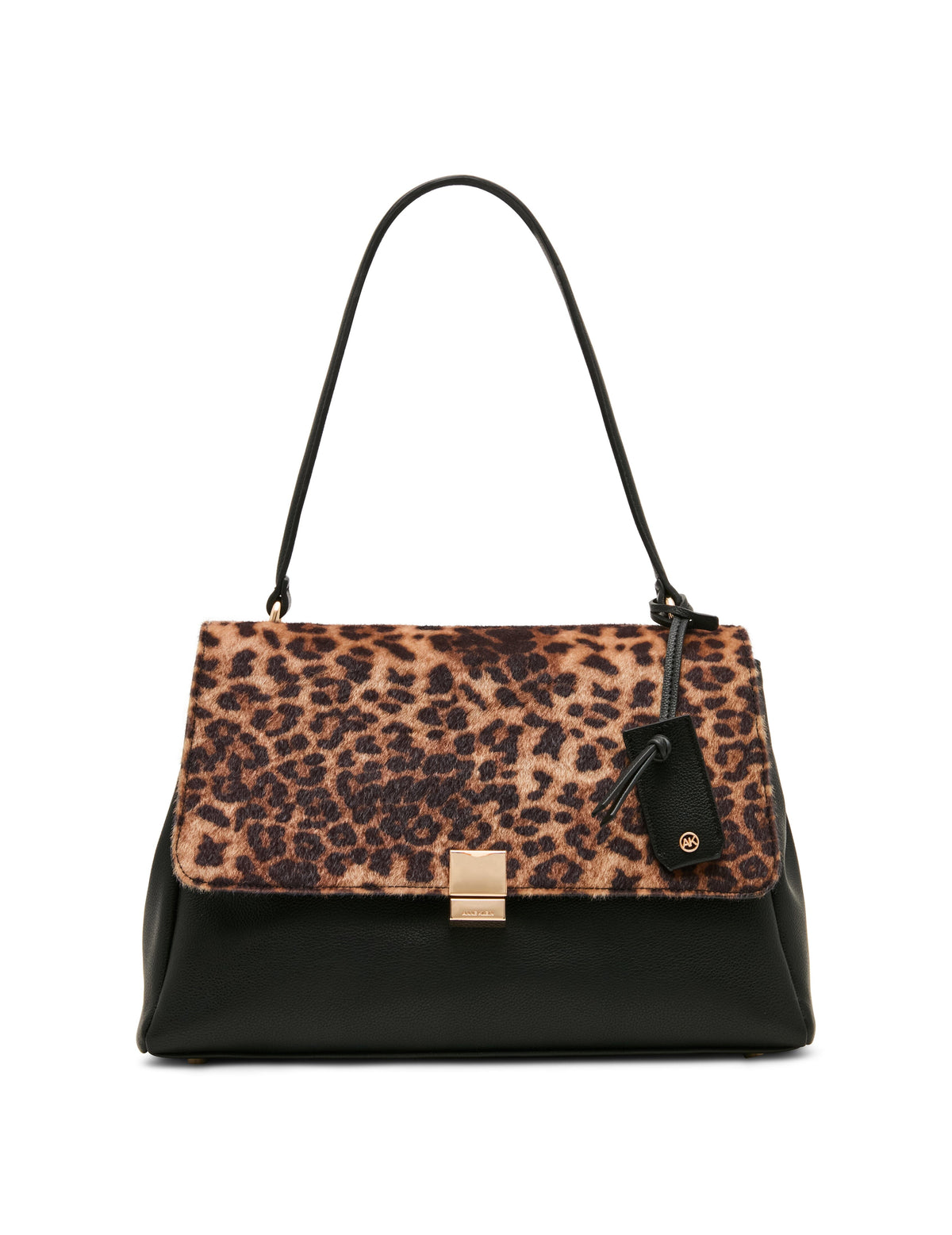 Anne Klein Black/Neutral Multi Faux Cheetah Calfhair Flap Shoulder Bag