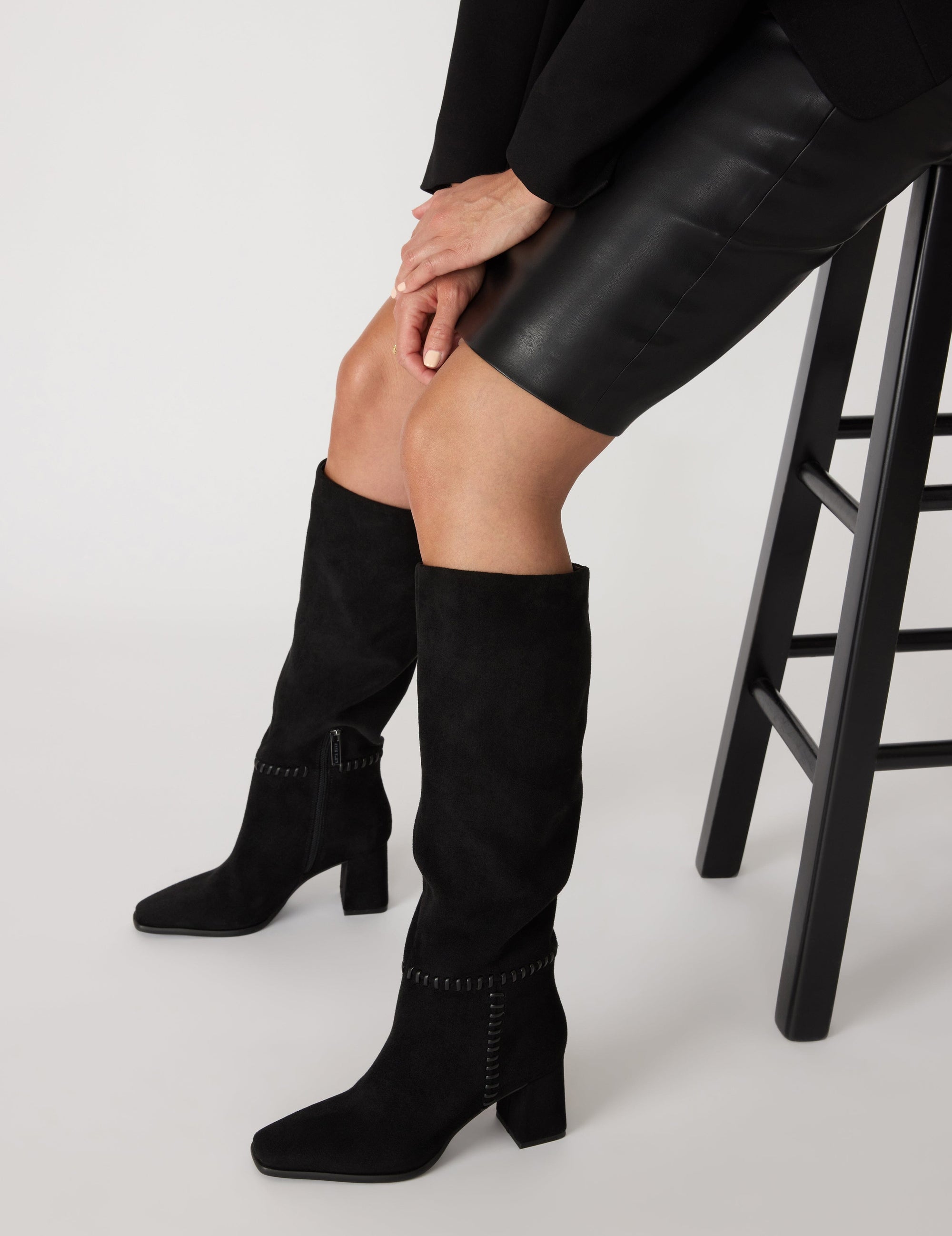 Anne Klein Black Micro Suede Parren Below-the-Knee Block Heel Tall Boot