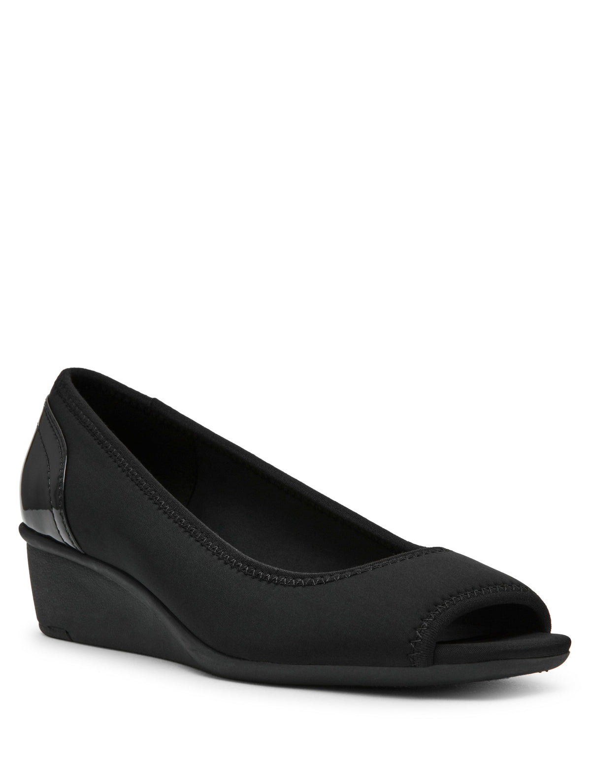 Anne Klein Black Stretch Waylynn Peep-Toe Wedge Sandal