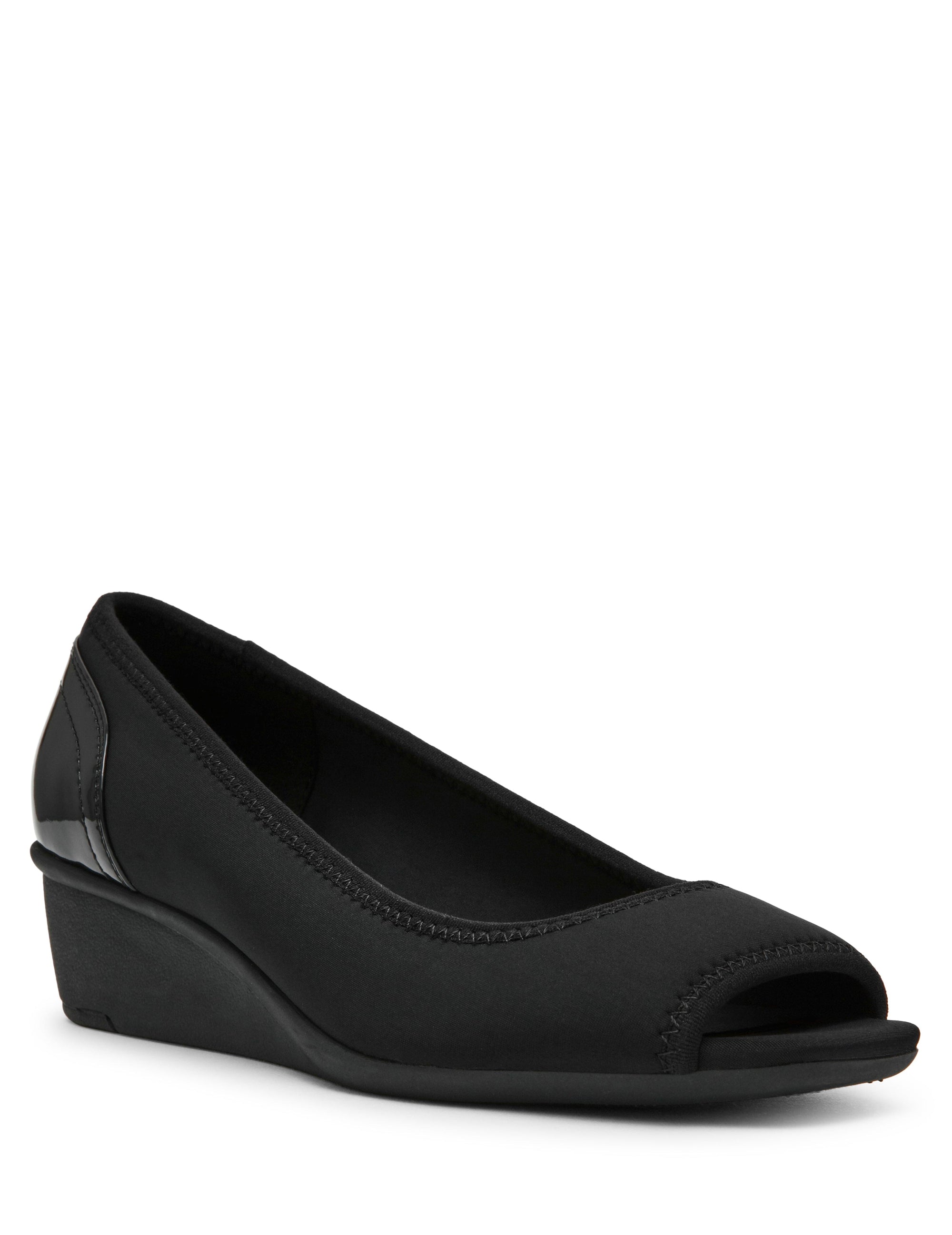 Anne Klein Black Stretch Waylynn Peep-Toe Wedge Sandal