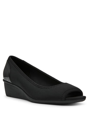 Anne Klein Black Stretch Waylynn Peep-Toe Wedge Sandal