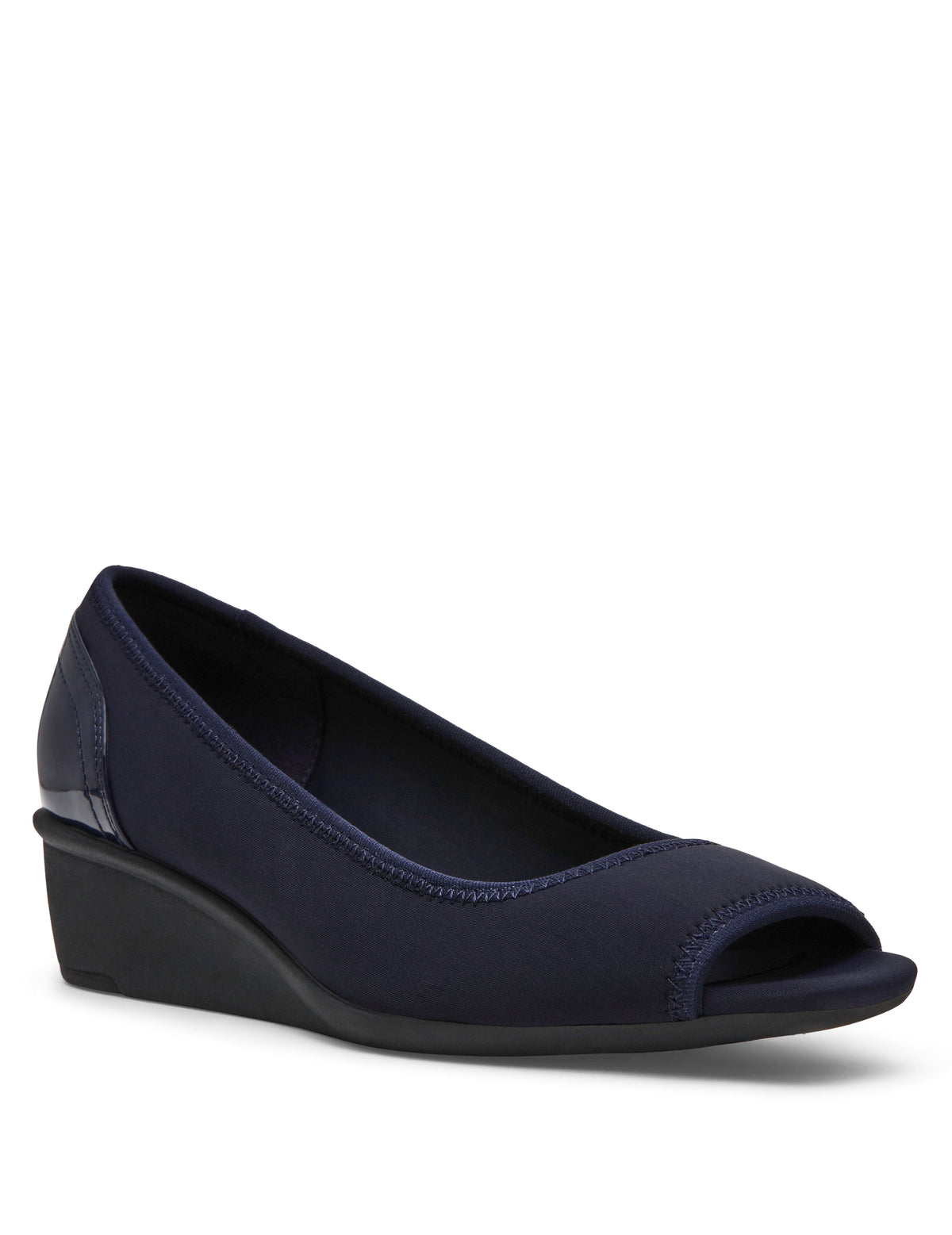 Anne Klein Navy Stretch Waylynn Peep-Toe Wedge Sandal