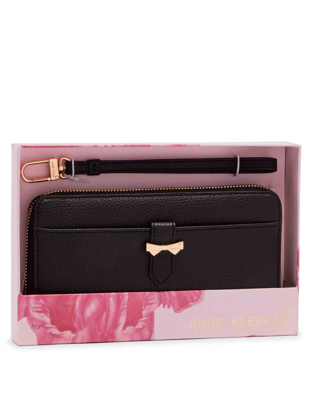 Anne Klein Black AK Boxed Slim Zip Wallet With Bow Detailing And Wristlet Strap