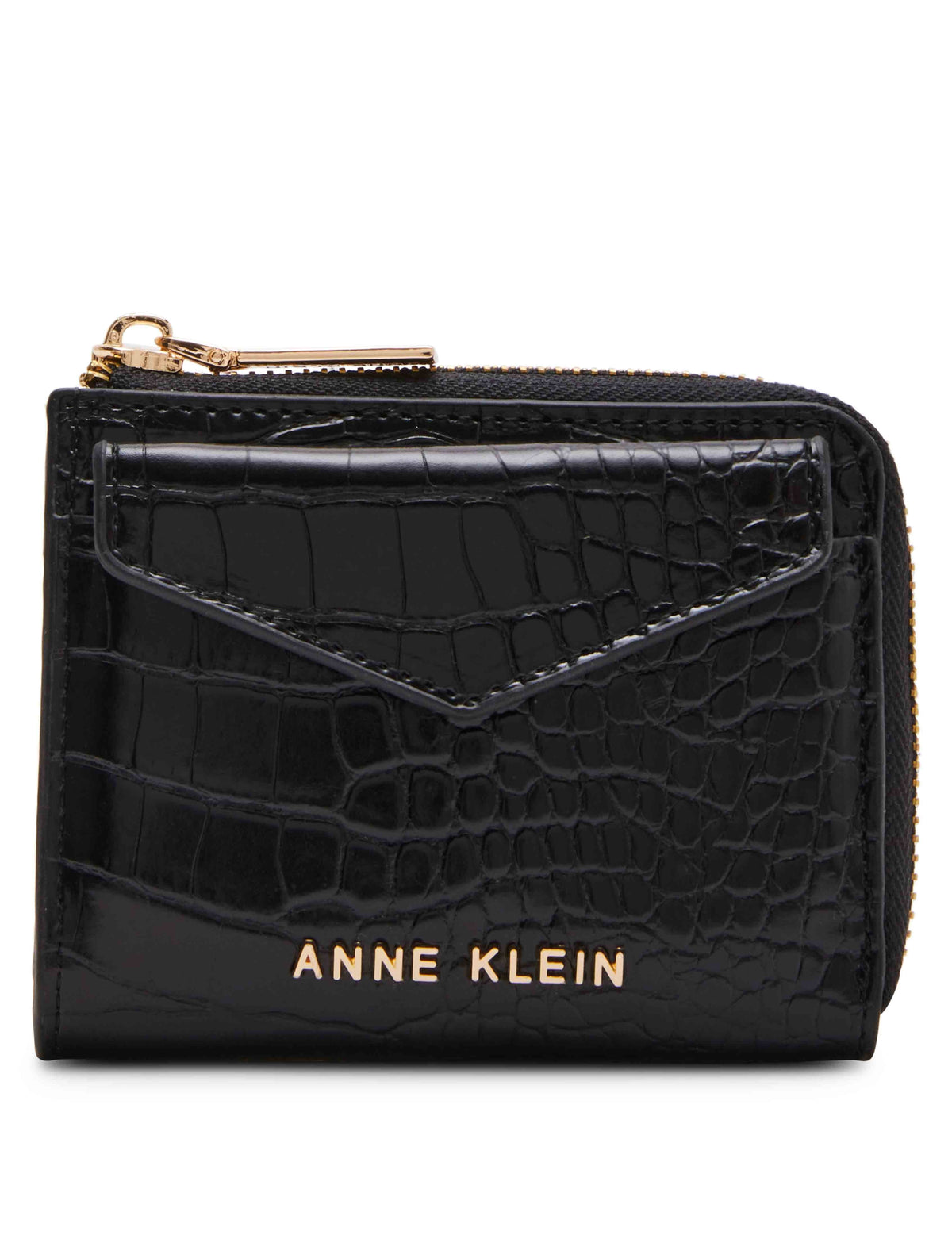 Anne Klein Black Envelope Flap Curved Wallet In Croco