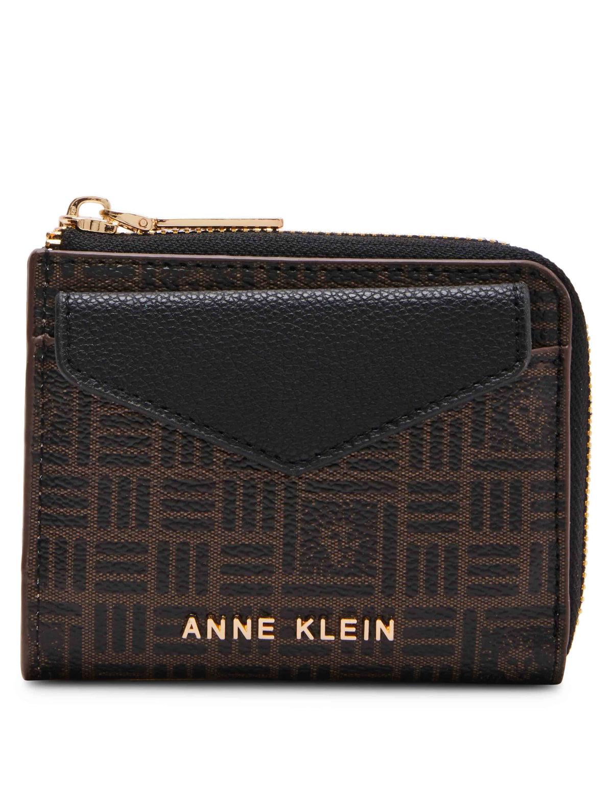 Anne Klein Milk chocolate- Dark chocolate tile lion logo/ Black AK Envelope Flap Curved Wallet In Tile Lion Logo