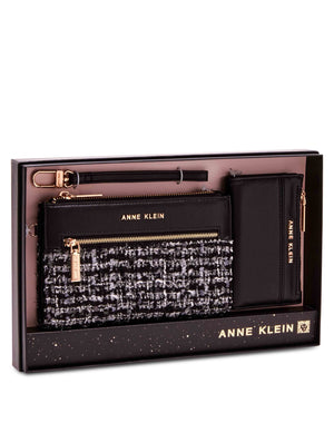 Anne Klein Black- white tweed/ Black 2 Piece Gift Set With Tweed Zip Clutch And Card Case