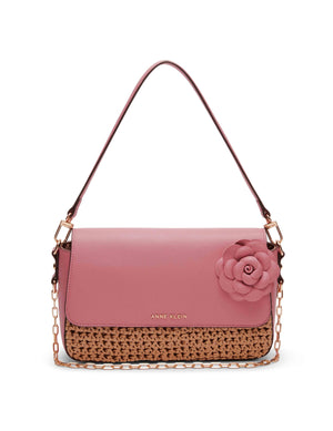 Anne Klein Natural/ Vintage Pink Soft Straw Flap Shoulder Bag With Floral Applique