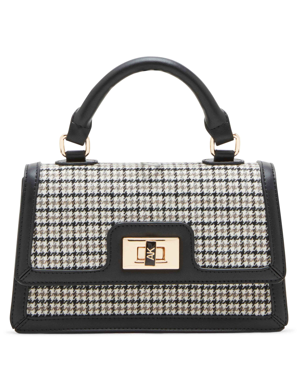 Anne Klein Black Flap Top Crossbody In Micro Houndstooth With Enamel Turn Lock