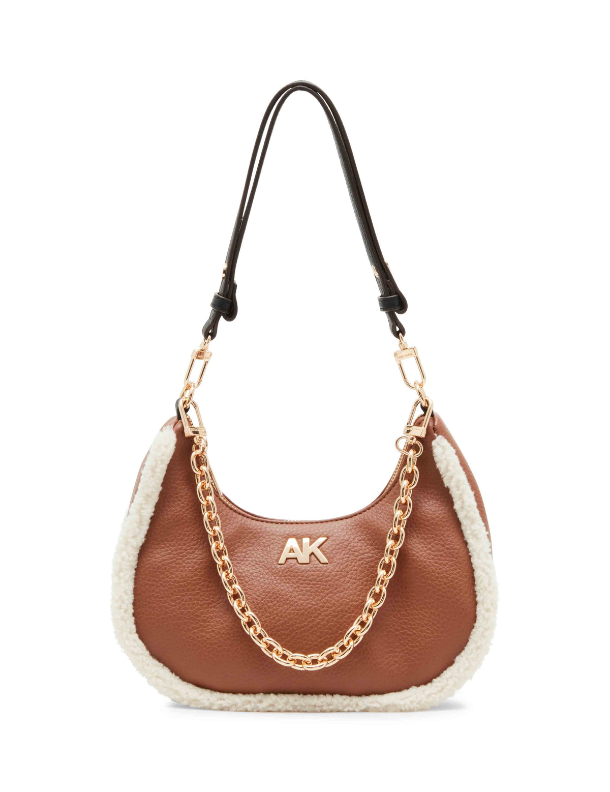 Anne Klein Chestnut/ Black/ Cream Sherpa Crescent Shoulder Bag With Swag Chain