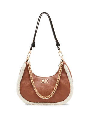 Anne Klein Chestnut/ Black/ Cream Sherpa Crescent Shoulder Bag With Swag Chain