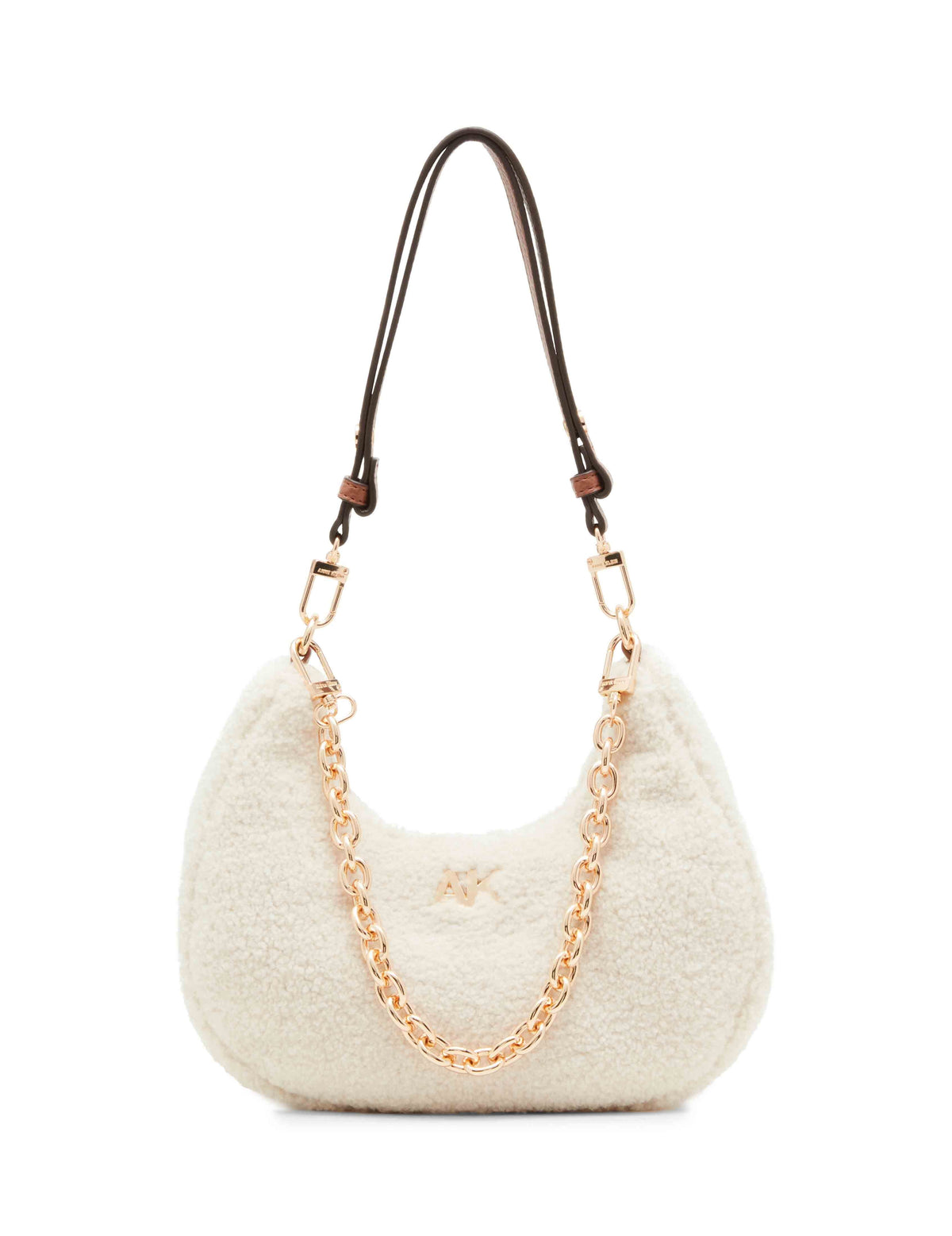 Anne Klein Cream/ Chestnut All Over Sherpa Crescent Shoulder Bag