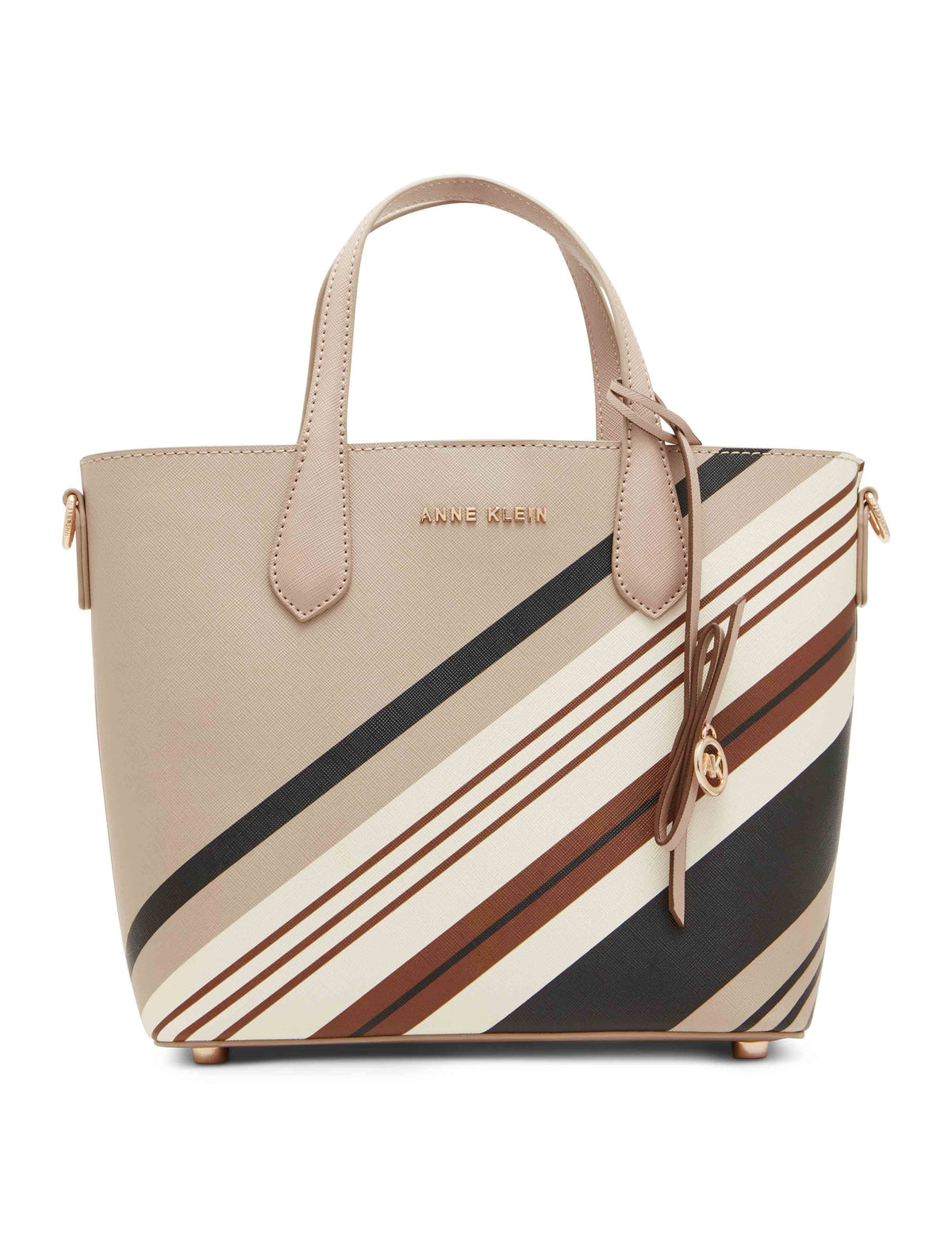 Anne Klein Placed Bias Stripe/Timeless Taupe Bonded Mini Tote &amp; Detachable Xbody Strap