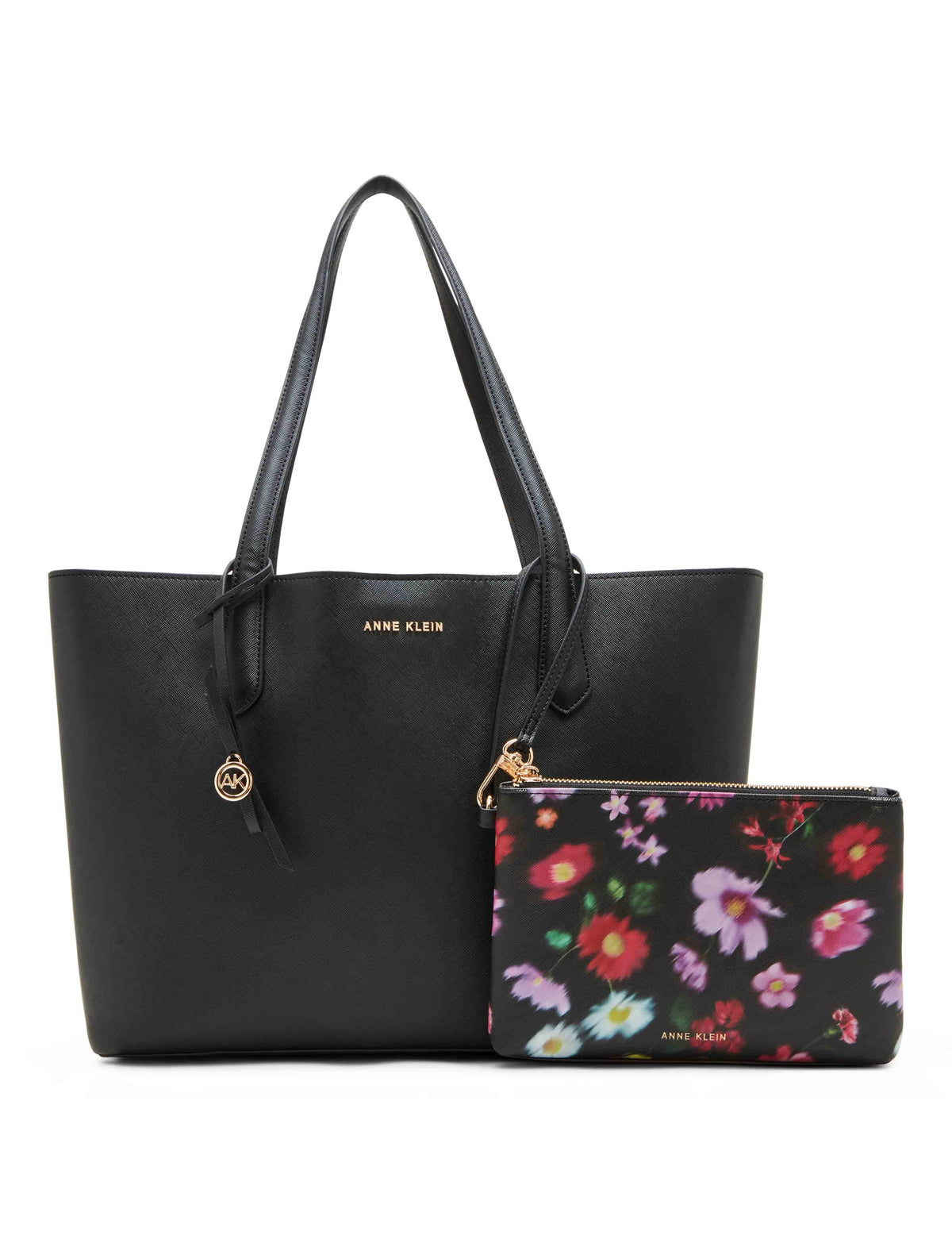 Anne Klein Black/AK Blurred Floral Bonded double compartment tote with striped pouch