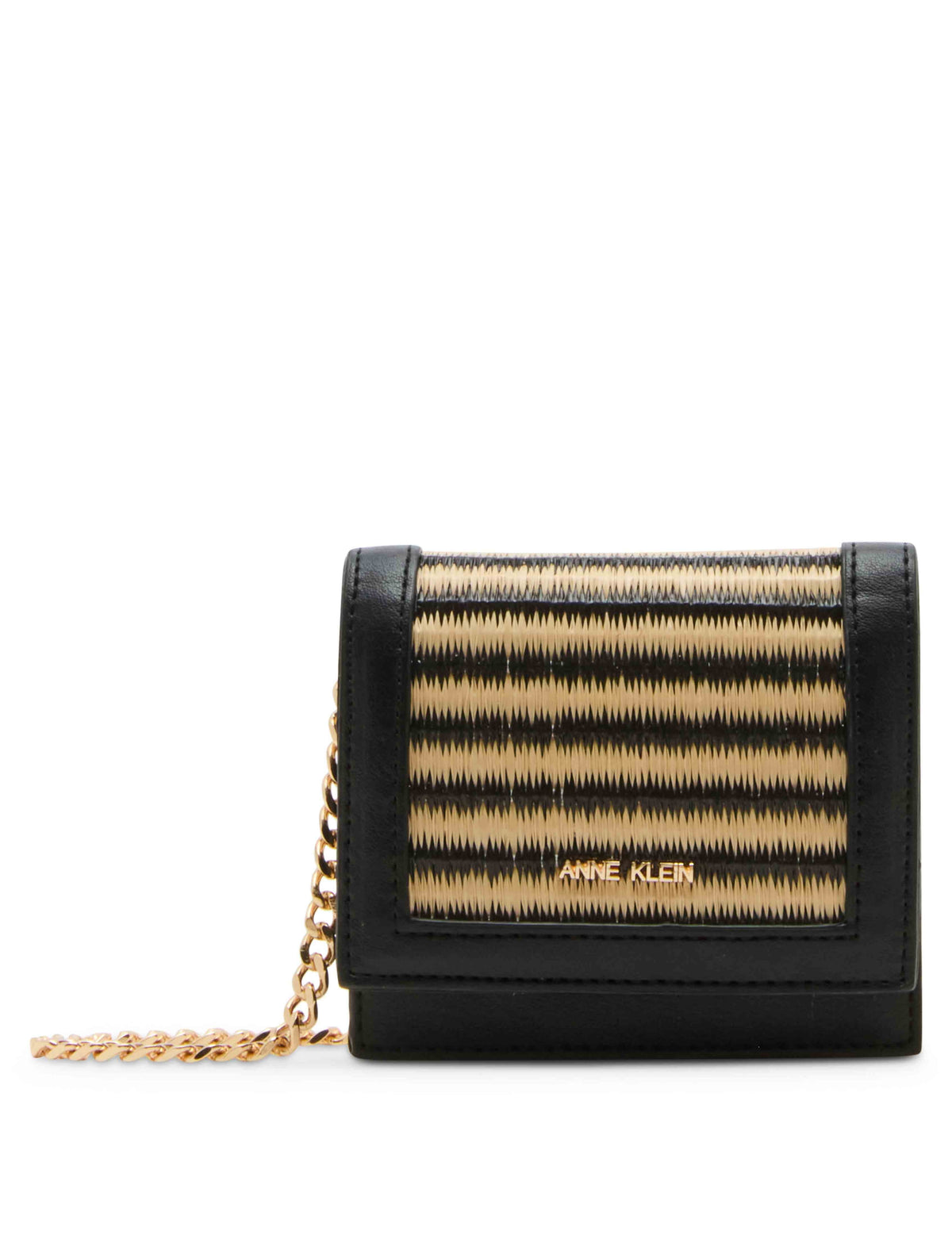 Anne Klein Natural-Black/Black Mini Flap Straw Wallet With Detachable Mini Chain Strap