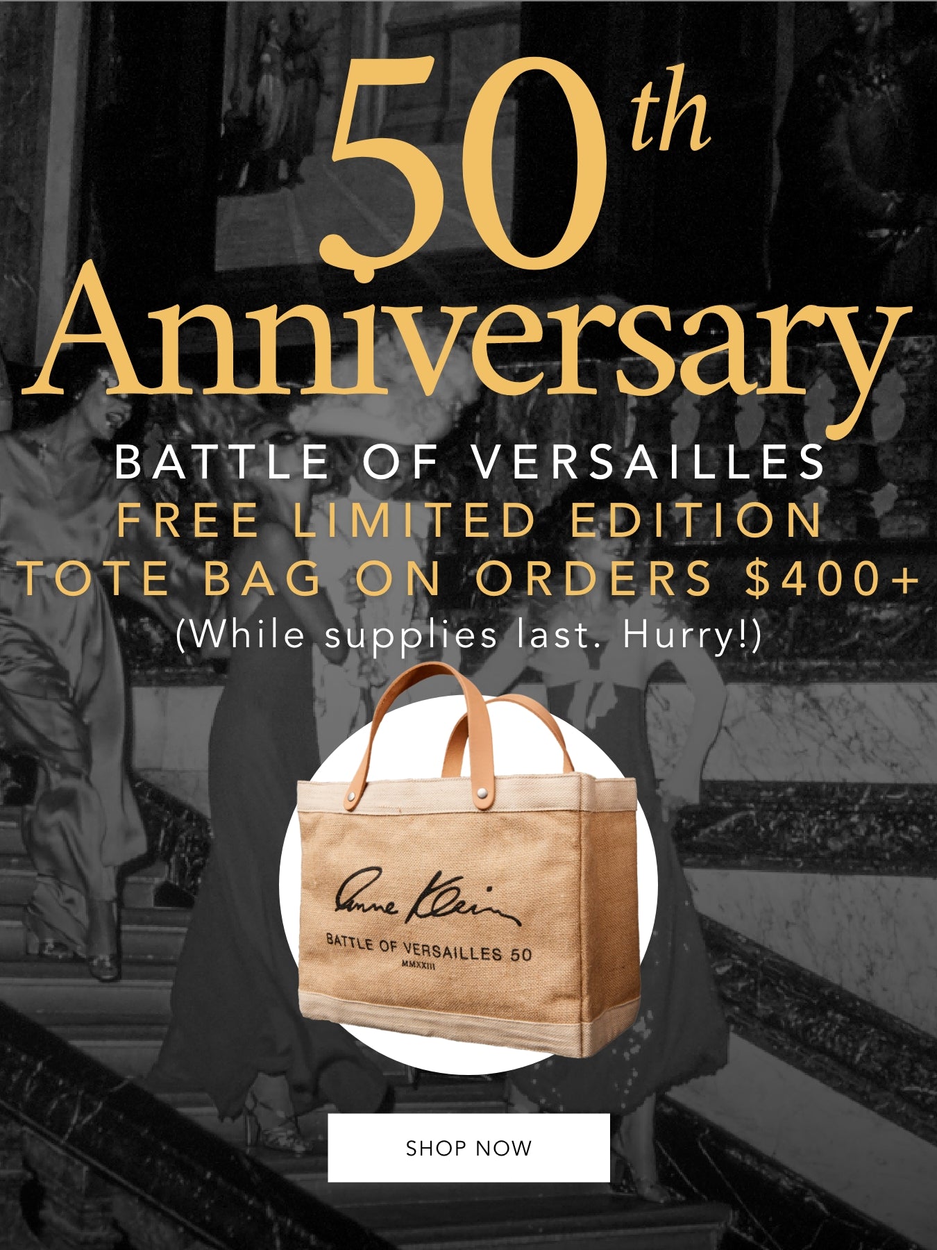50th anniversary battle of versilles free limited edtion tote bag on orders $400+ image of tote bag bag and people at the battle of versailles
