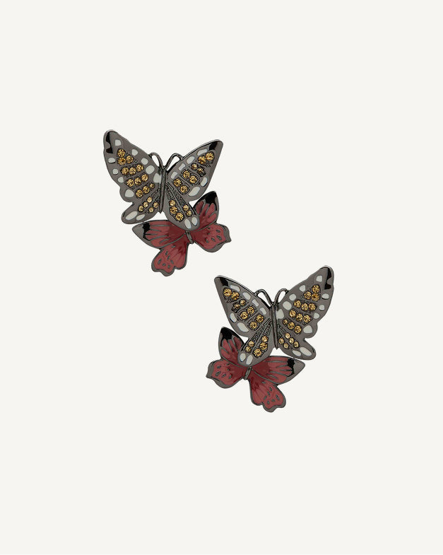 Product Coming Soon. Anne Klein butterfly stud earrings in gunmetal with amber crystal detail and red enamel wings