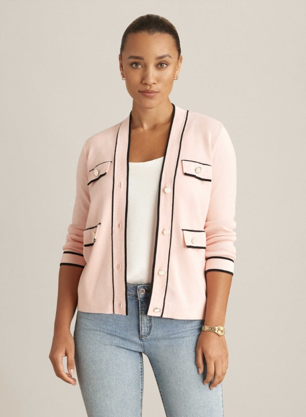 model wearing blush pink cardigan with button details and pockets