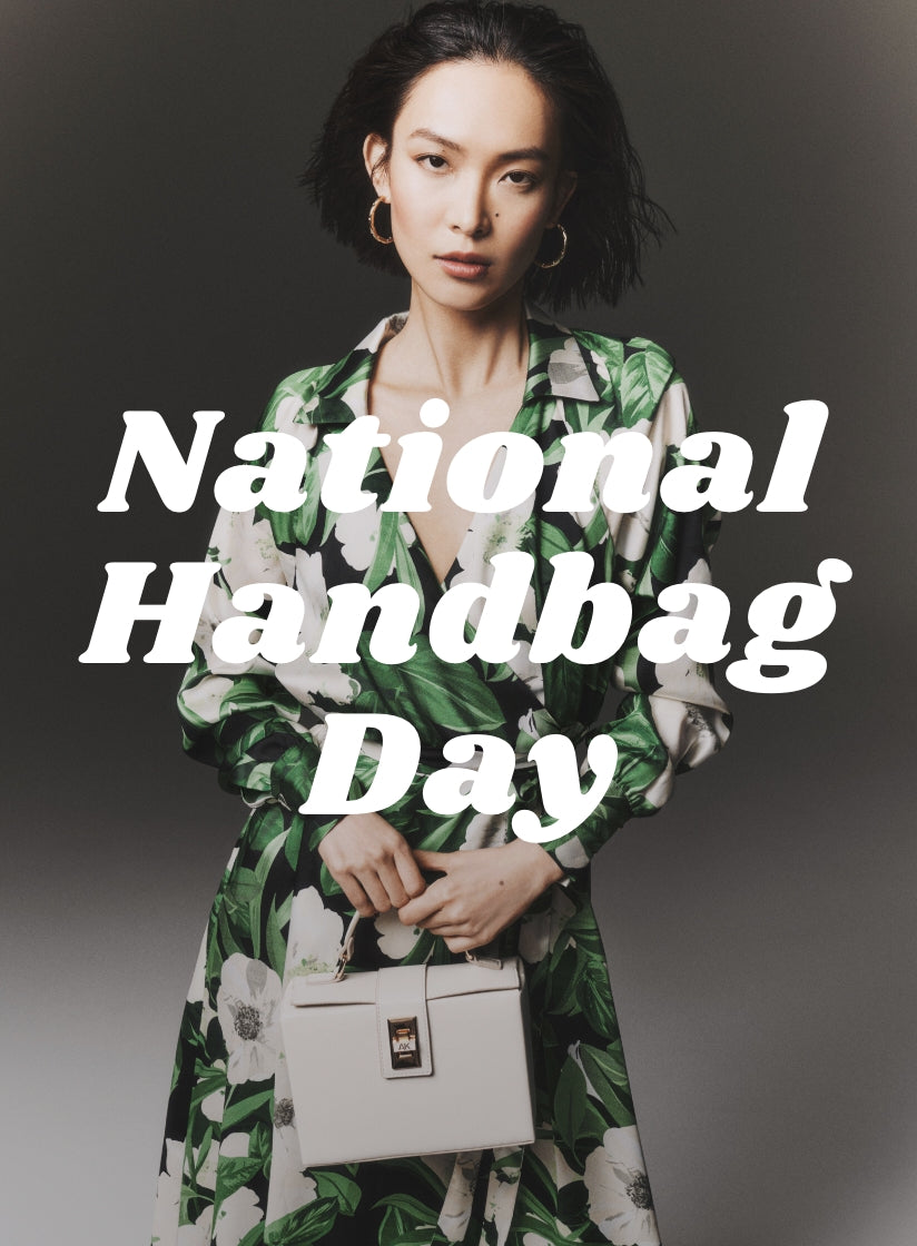 model holding anne klein bag with copy, national handbag day