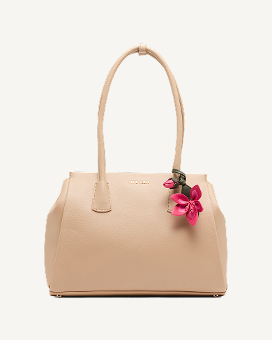 Anne Klein structured tote bag in nude leather with double top handles and a pink floral charm accent