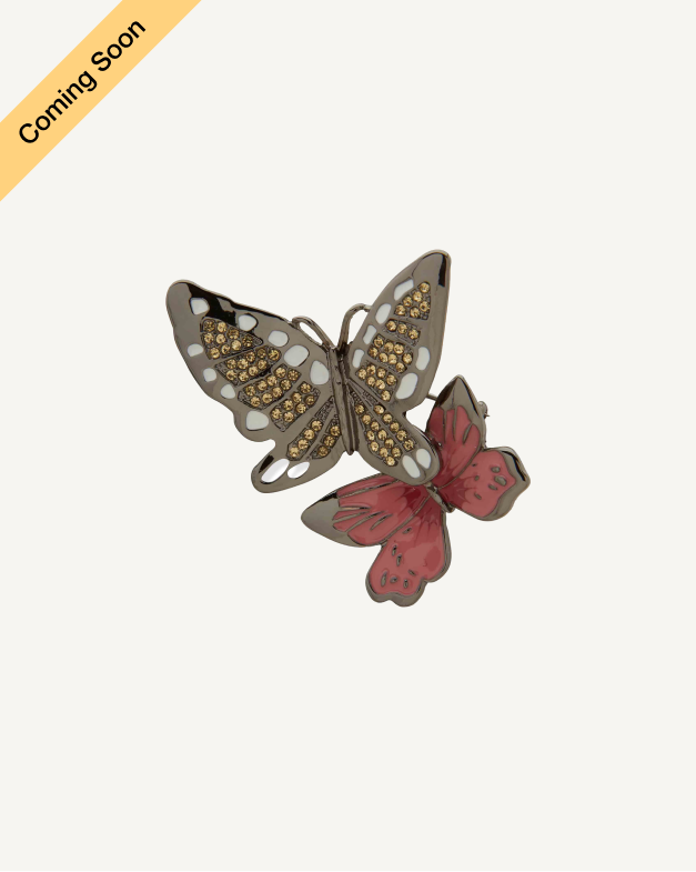 Product Coming Soon. Anne Klein double butterfly brooch pin in gunmetal with amber crystal embellishment and red enamel wings