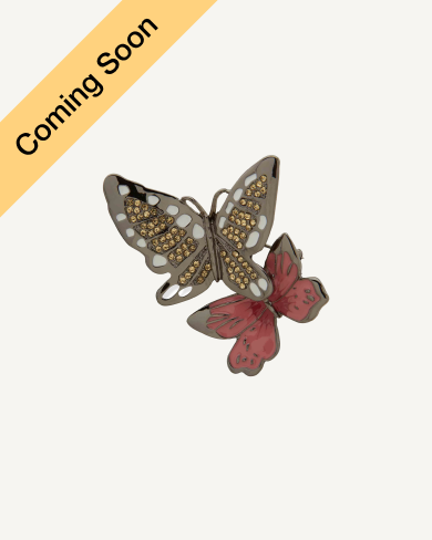 Product Coming Soon. Anne Klein double butterfly brooch pin in gunmetal with amber crystal embellishment and red enamel wings