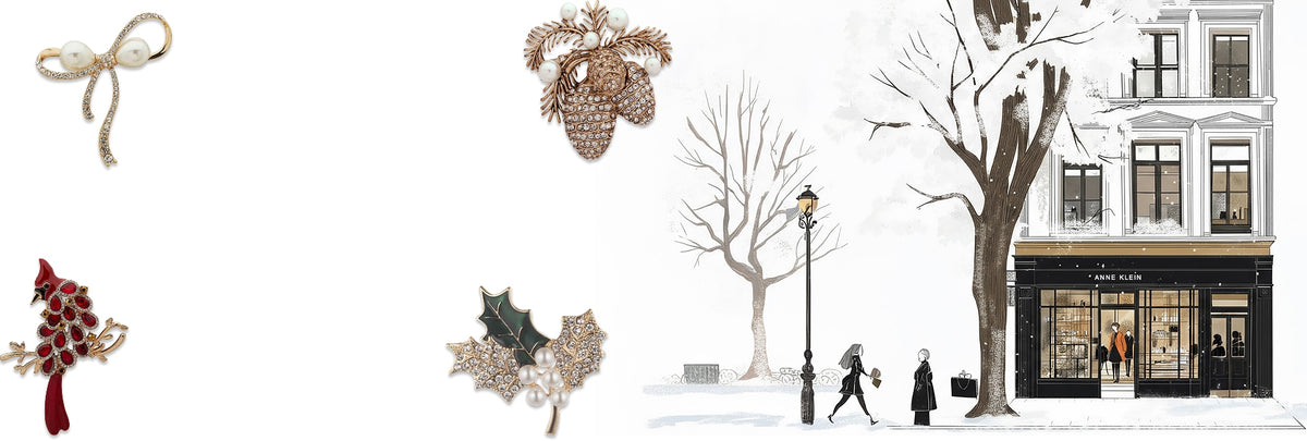 Holiday brooches with a winter street illustration of an Anne Klein storefront