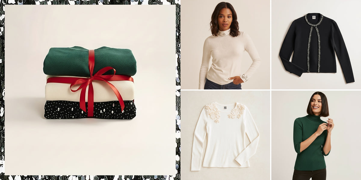 Collage of folded sweaters with ribbon and women modeling sweaters and tops